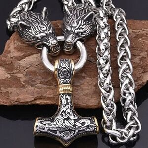 New! MEN'S Nordic Viking Celtic Inspired Wolf and Thor Hammer Necklace.